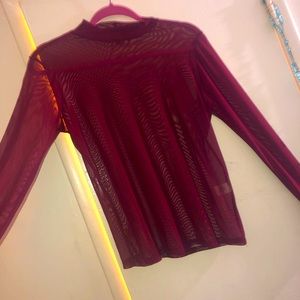 BURGUNDY SEE THROUGH LONG SLEEVE BLOUSE.